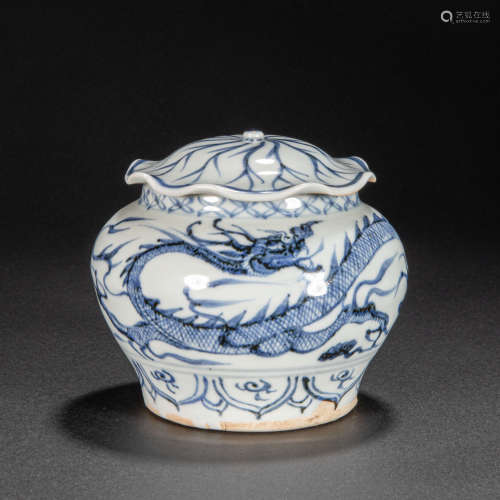CHINESE BLUE AND WHITE DRAGON POT WITH LID, YUAN DYNASTY