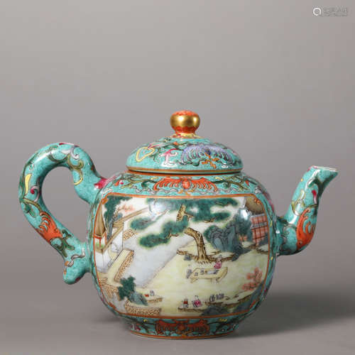 A Turquoise-Ground Famille Rose Figure Pot,Qianlong Mark