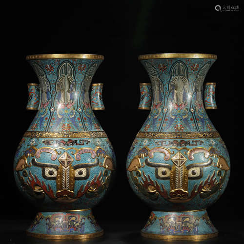 A Pair of Cloisonne Enamel Taotie Pattern Pierced Vases,Qian...