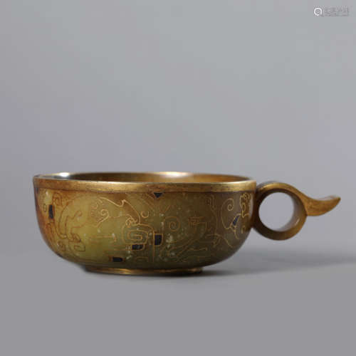 A Gold Coating Jade Taotie Cup with Handle