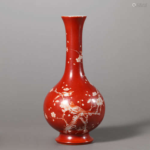 An Iron-Red Glaze Magpie and Prunus Bottle Vase,Qianlong Mar...