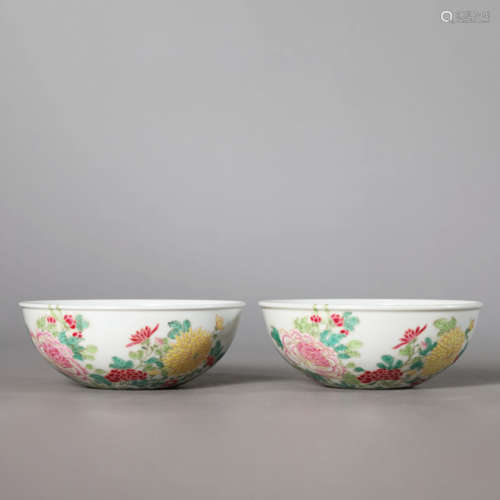 A Pair of Famille Rose Peony Bowls,Yongzheng Mark