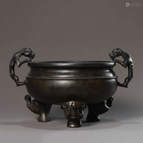 A Bronze Tripod Elephant-Eared Censer,Xuande Mark