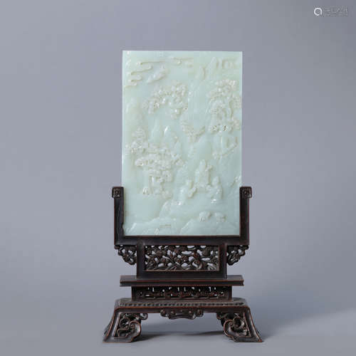 A Carved White Jade Figure and Inscribed Table Screen