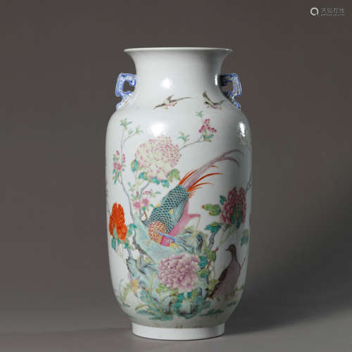 A Famille Rose Flower and Bird Lantern-Form Vase,Qianlong Ma...