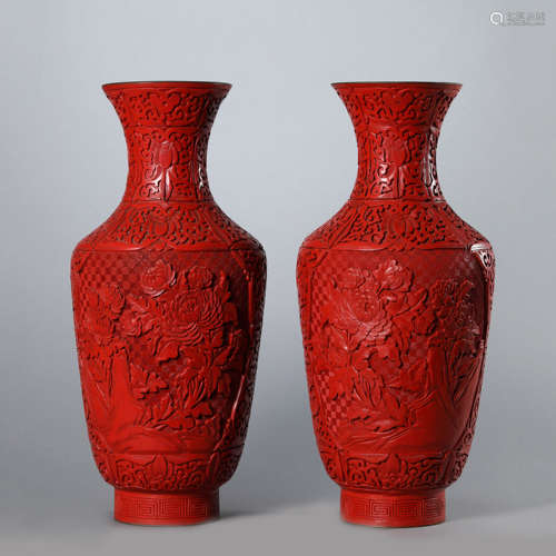 A Pair of Carved Lacquer Peony Guanyin-Form Vases