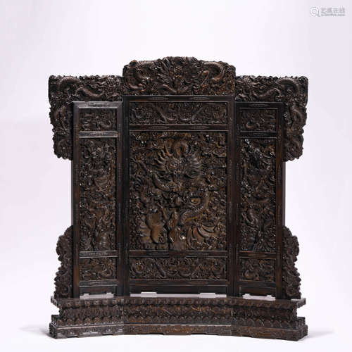 A Carved Sandalwood Dragon Screen with Inscription