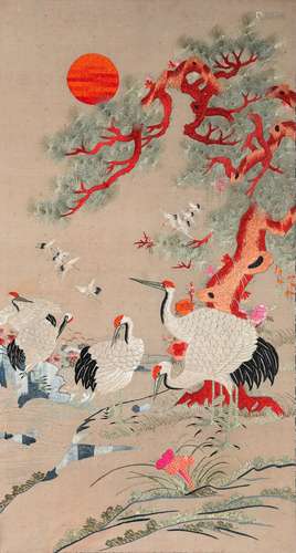 An Embroidery Panel of Crane and Pine Tree