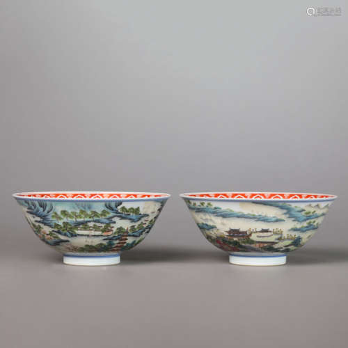 A Pair of Famille Rose Figure Bowls,Jiaqing Mark