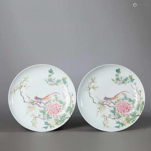 A Pair of Famille Rose Peony and Wagtail Plates,Yongzheng Ma...