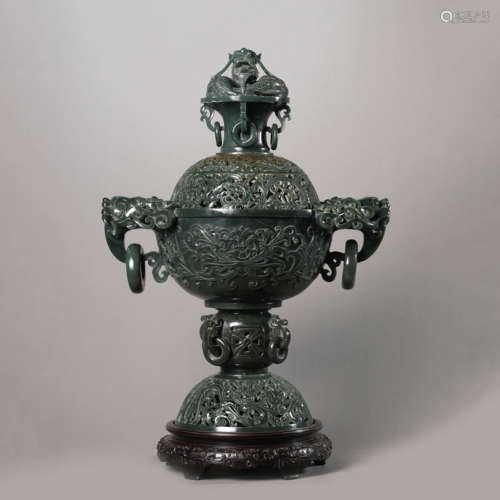 A Carved Spinach-Green Jade Censer and Cover,