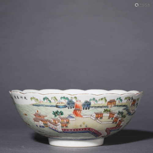 A Famille Rose Landscape and Inscribed Lobed Bowl,Jiaqing Ma...