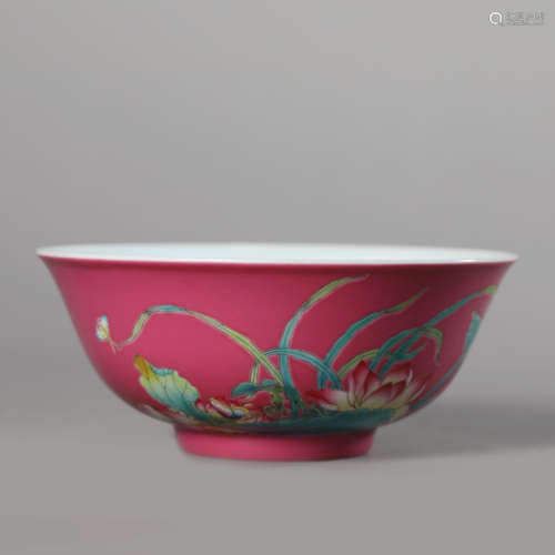 A Rouge-Red Ground Flower and Inscribed Bowl,