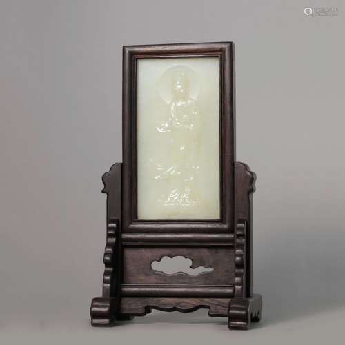 A Carved Jade Guanyin Table Screen with Inscription