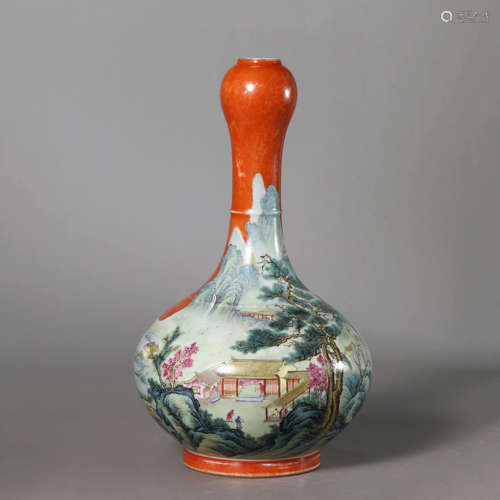 A Famille Rose Figure and Landscape Garlic-Head Shape Vase,Y...