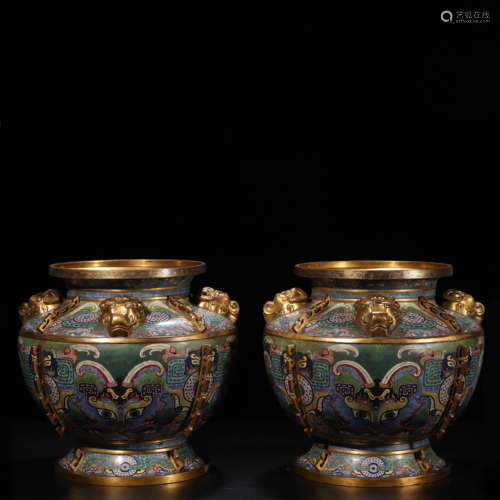 A Pair of Cloisonne Enamel Beast-Face Vessel Lei,Qianlong Ma...