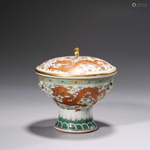 A Famille Rose Dragon and Phoenix Stem Bowl Dou,Guangxu Mark