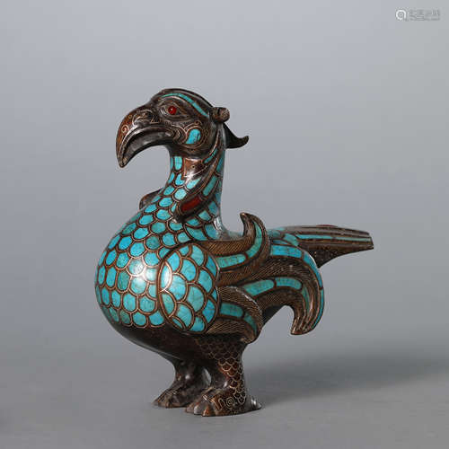 A Turquoise, Gold and Silver Inlaying Bronze Mythical Bird Z...