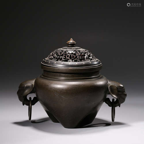 A Silver Inlaying Bronze Elephant-Eared Censer and Cover,