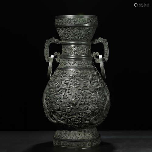 A Bronze Cloud and Dragon Loop-Eared Vase,Qianlong Mark