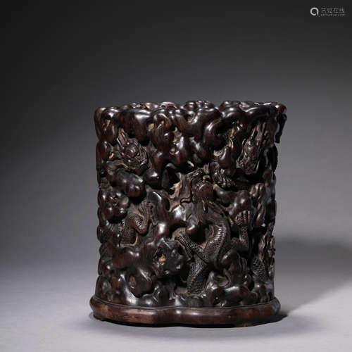 A Carved Sandalwood Cloud and Dragon Brush Pot