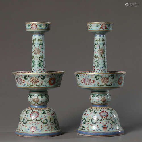 A Pair of Famille Rose Lotus Candlesticks,Qianlong Mark