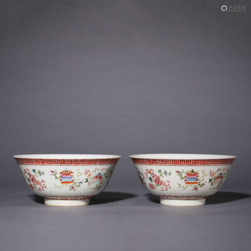 A Pair of Famille Rose Eight Treasures Bowls,Daoguang Mark