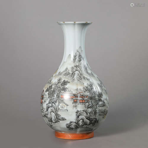 A Grisaille Landscape and Figure Lobed Vase,Qianlong Mark