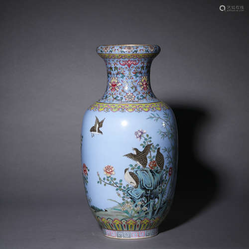 A Blue-Ground Quails Vase,Qianlong Mark