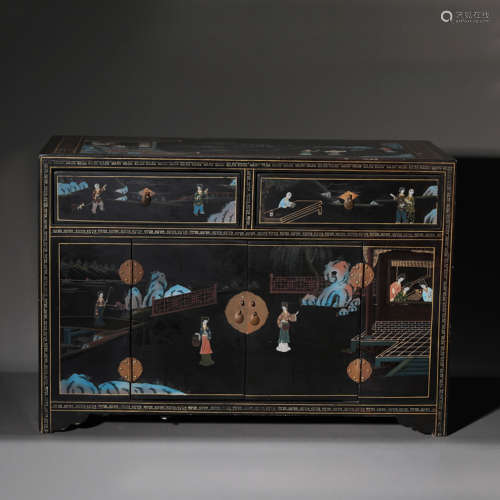 A Chinese Lacquered Wood Figure Low Cabinet