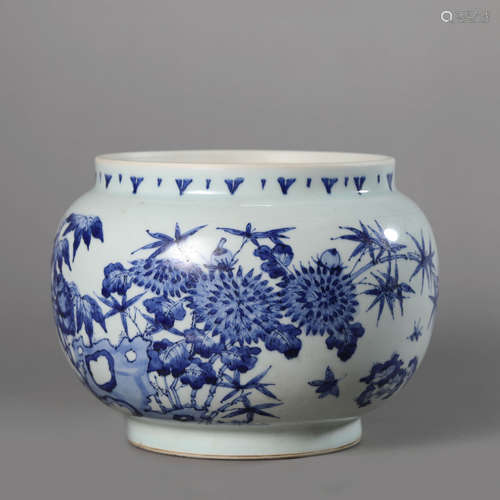 A Blue and White Flower, Bird and Stone Jar