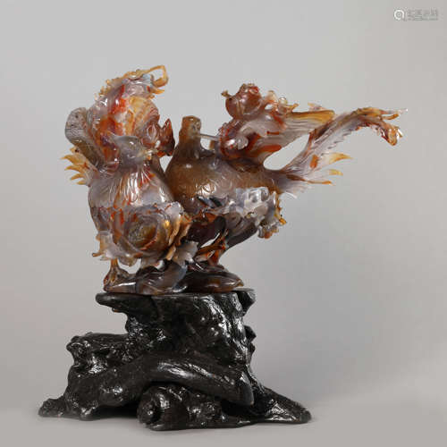 A Carved Agate Chicken and Peony Ornament,