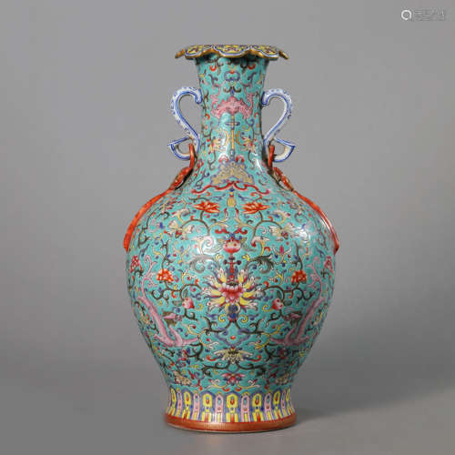 A Turquoise-Ground Famille Rose Lotus Double-Eared Vase,Jiaq...