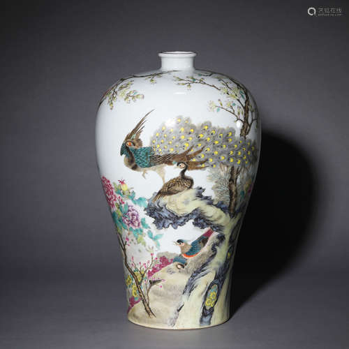 A Famille Rose Peacock Meiping Vase,Yongzheng Mark