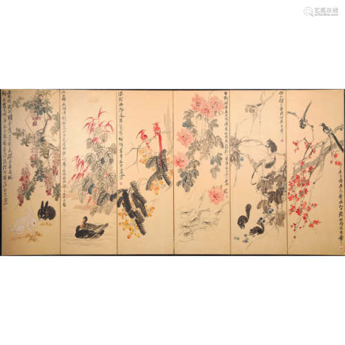 A Chinese Flower and Bird Painting Screen, Qi Baishi Mark