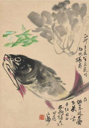 张大壮(1903-1980) 鱼蔬   乙卯（1975年）作 立轴 设色纸本