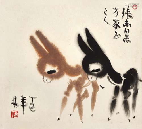 韩美林(b.1936) 双驴   丁巳（1977年）作 镜心 设色纸本