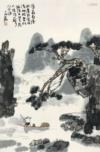 刘二刚(b.1947) 渔翁闲棹   丁卯（1987年）作 立轴 设色纸本