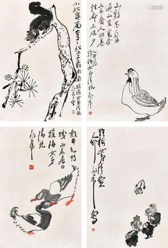 丁衍庸(1902-1978) 松鼠鸡鸭四屏    镜心（四帧） 水墨纸本、设色纸...