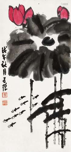 崔子范(1915-2011) 红荷鱼影   戊午（1978年）作 立轴 设色纸本