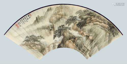 张石园(1898-1959) 关山行旅   辛卯（1951年）作 成扇面 设色纸本
