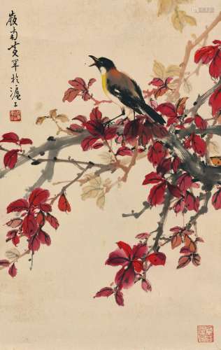 黄幻吾(1906-1985) 红叶鹡鸰    立轴 设色纸本