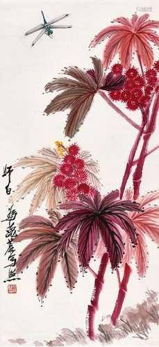 娄师白(1918-2010) 蓖麻蜻蜓    立轴 设色纸本