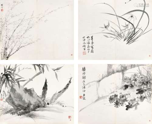 张大壮(1903-1980) 梅兰竹菊    镜心（四帧） 水墨纸本
