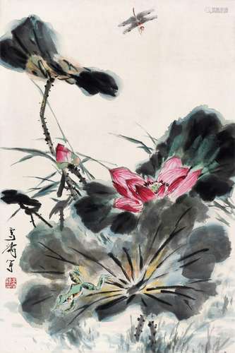 王雪涛(1903-1982) 荷塘蛙趣    立轴 设色纸本