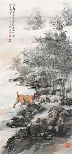 张善孖(1882-1940) 竹溪双犬 丁卯（1927年）作 镜心 设色纸本