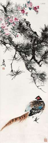 王雪涛(1903-1982) 桃花锦鸡  立轴 设色纸本