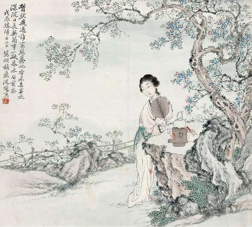 沈燧(1890-1932) 一瓶春水自煎茶 戊辰（1928年）作 立轴 设色纸本