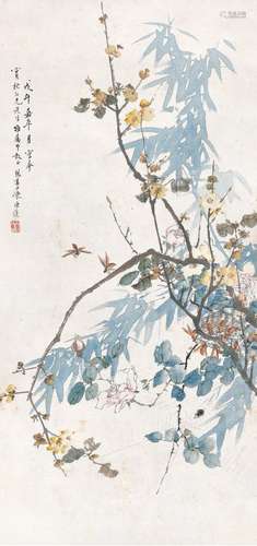 陈康侯(1866-1937) 春园蜂儿忙 戊午嘉平（1919年）作 立轴 设色纸本