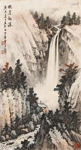 黄君璧(1898-1991) 秋崖观瀑 庚戌（1970年）作 镜心 设色纸本